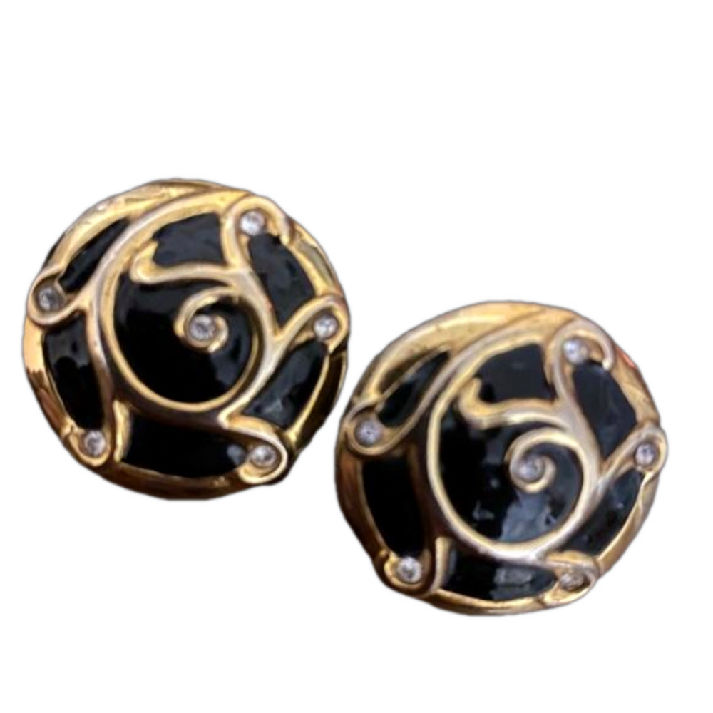 Vintage Signed Jackie Orr Black Enamel Swarovski Crystal Clip On Earrings